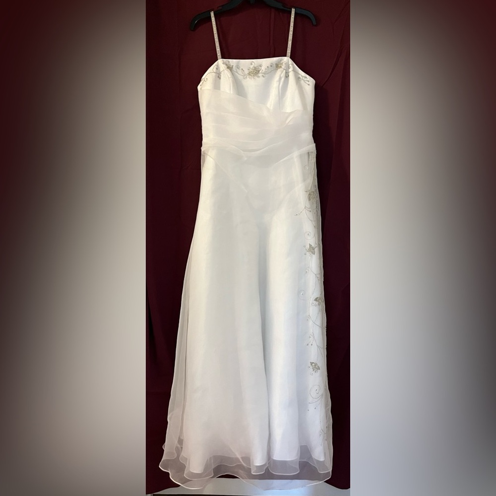 Fiesta White Formal/Wedding/Prom Dress with silver sequin floral/leaf embroidery